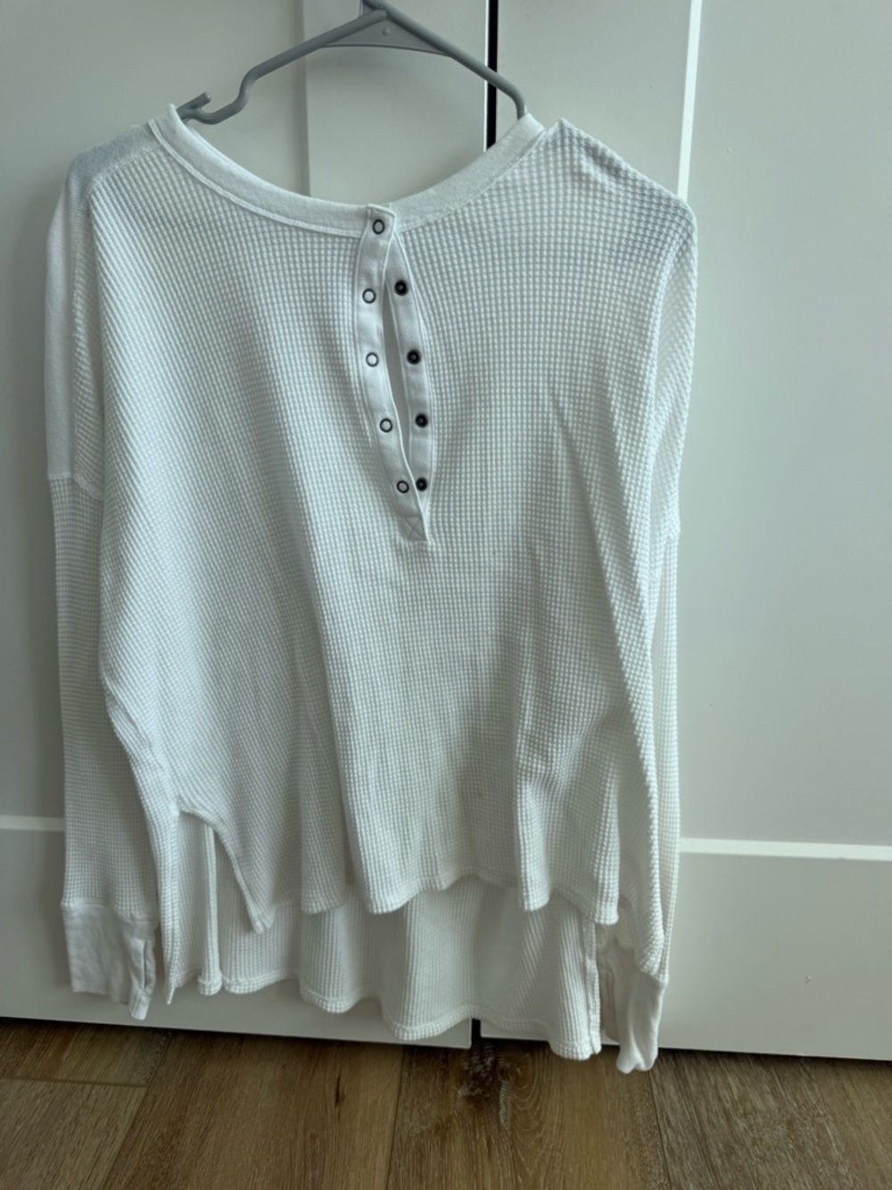 Waffle-Knit Long Sleeve Henley Top - White